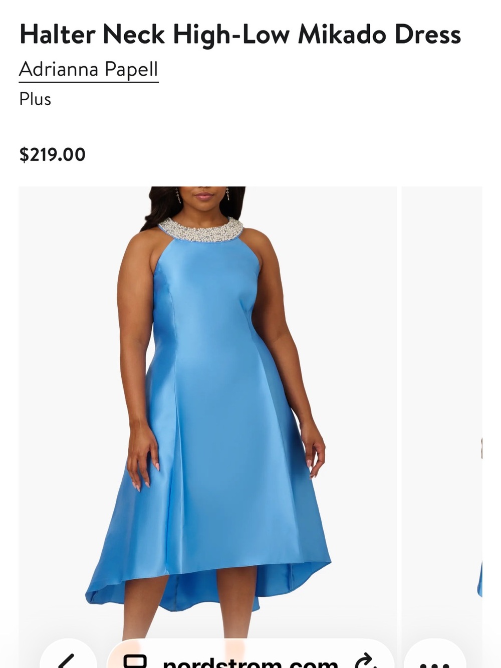 Adrianna Papell Blue Halter Neck High-Low Mikado Dress with Jeweled Collar